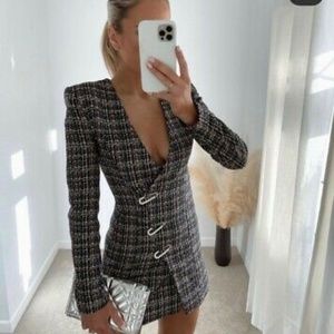 Zara plaid tweed dress with safety pin detail